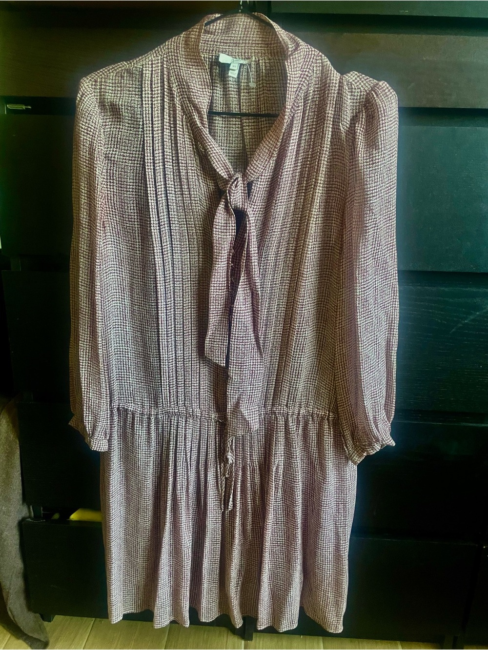 Joie Mauve Check Tie-Neck Long Sleeve Dress